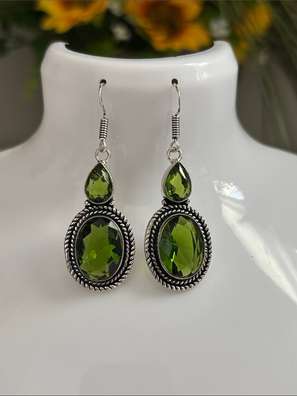 Sterling Green Peridot Crystal Gemstone Drop Earrings